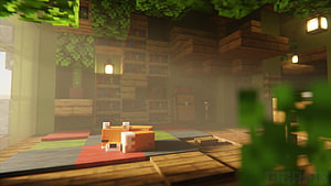 Sleeping Fox in Cozy Minecraft Library Interior with Bookshelves and Warm Lighting HD wallpaper