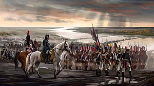 Napoleonic War Battle Scene with Soldiers and Cavalry on a Misty Battlefield HD wallpaper