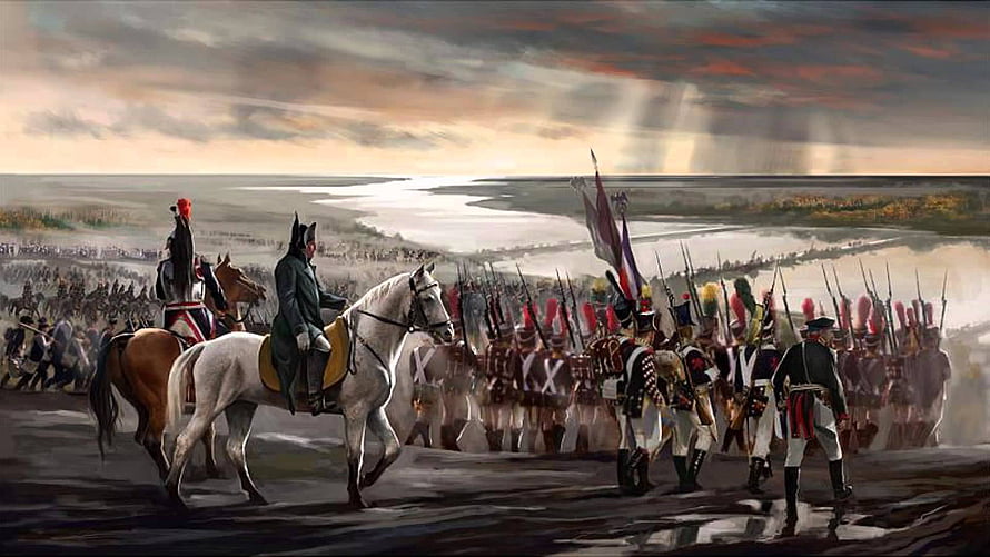 Napoleonic War Battle Scene with Soldiers and Cavalry on a Misty Battlefield HD wallpaper