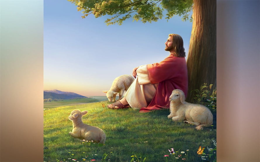Jesus as the Good Shepherd Resting Under a Tree with Lambs in a Pastoral Meadow HD wallpaper