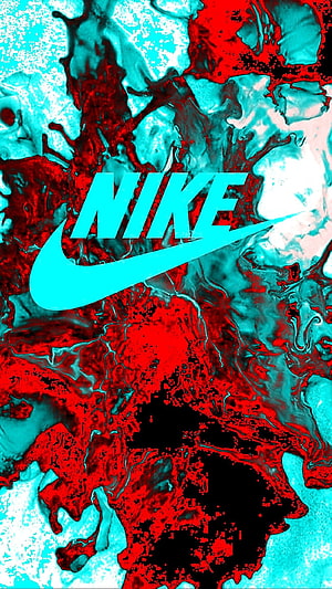 Nike Swoosh Logo on Vibrant Red and Cyan Abstract Liquid Ink Background HD phone wallpaper