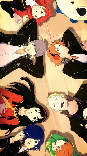 Persona 4 cast of characters lying on a wooden floor in a circle HD phone wallpaper