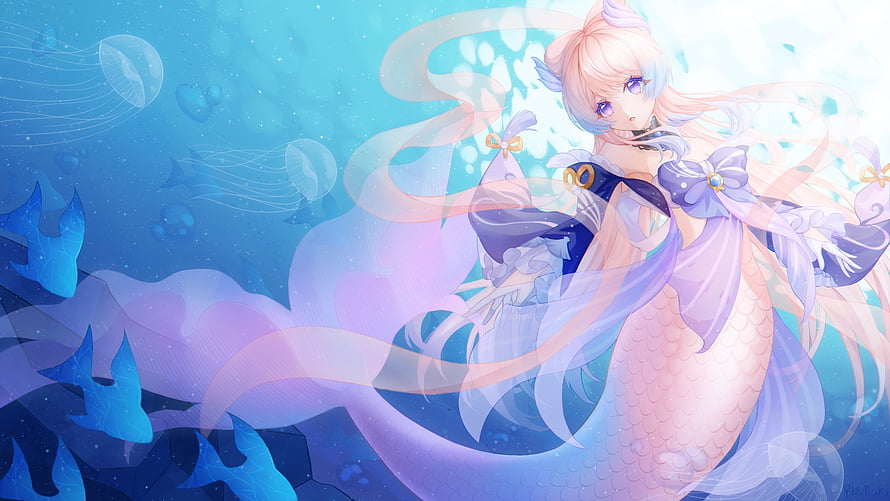 Sangonomiya Kokomi Genshin Impact Mermaid Artwork Underwater Ocean Fantasy Illustration HD wallpaper