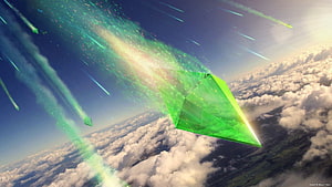 The Sims 4 Green Plumbob Crystal Floating Above Clouds and Earth HD wallpaper