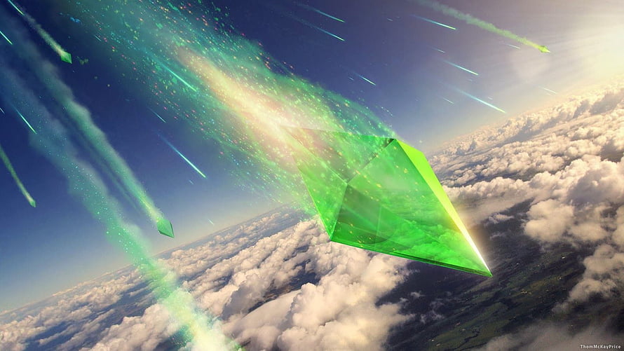 The Sims 4 Green Plumbob Crystal Floating Above Clouds and Earth HD wallpaper