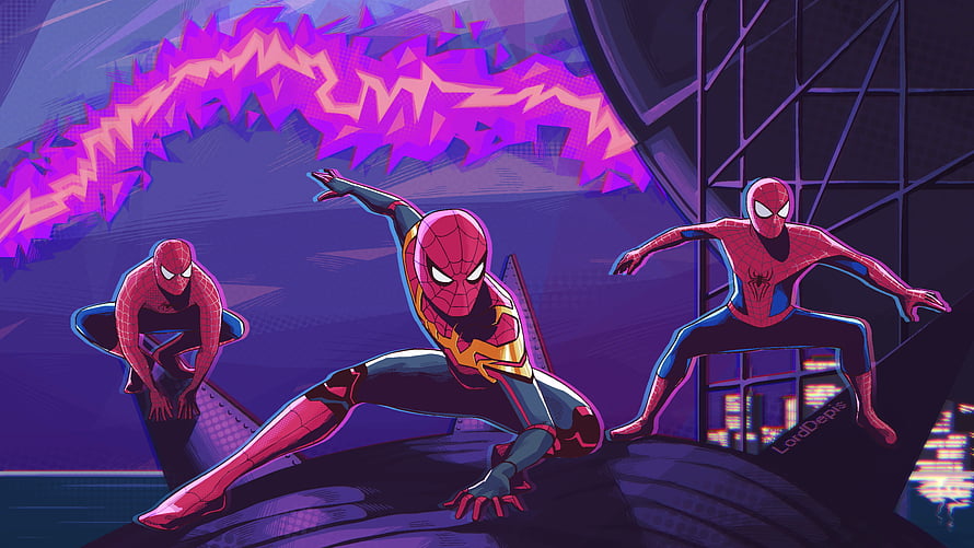 Spider-Man No Way Home Fanart Featuring Three Spider-Men in Dynamic Action Poses HD wallpaper