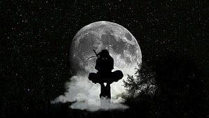 Itachi Uchiha Silhouette Against Full Moon and Starry Night Sky HD wallpaper