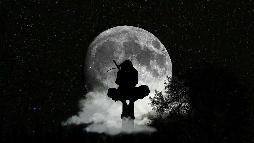 Itachi Uchiha Silhouette Against Full Moon and Starry Night Sky HD wallpaper