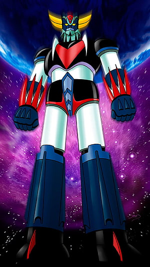 Goldorak Robot Standing in Cosmic Space with Purple Nebula Background HD phone wallpaper