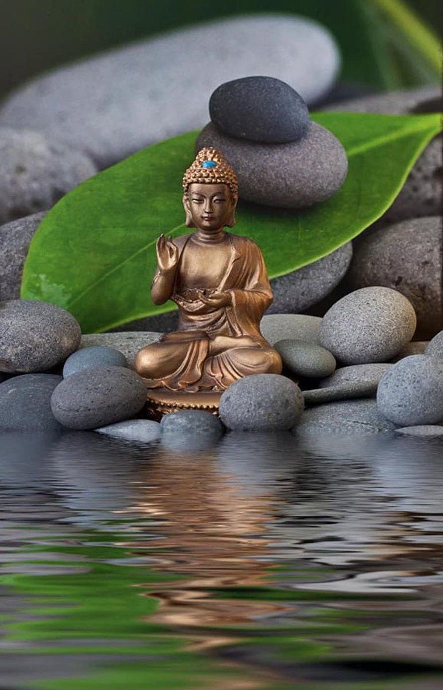 Golden Buddha Statue in Serene Zen Garden with Smooth Stones and Water Reflection HD phone wallpaper