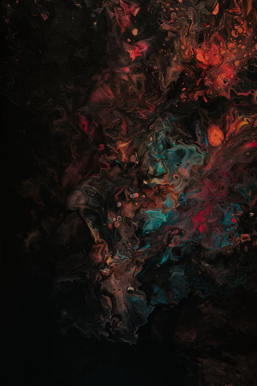 Dark Abstract Fluid Art with Swirling Crimson and Teal Ink Patterns HD phone wallpaper