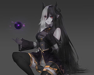 Dark Fantasy Anime Girl with Horns and Purple Magic Orb HD wallpaper