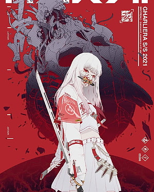 Cyberpunk Anime Girl with Katana and Mechanical Monster on Red Background HD phone wallpaper