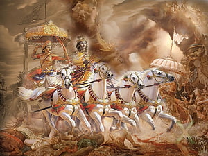 Arjuna and Krishna in the Chariot of War from the Mahabharata Epic HD wallpaper