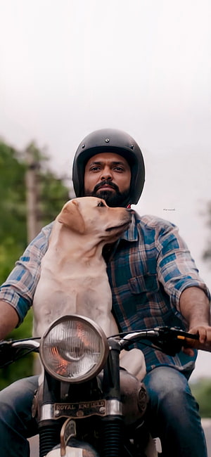 Rakshit with Charlie the Dog Riding a Royal Enfield Motorcycle HD phone wallpaper