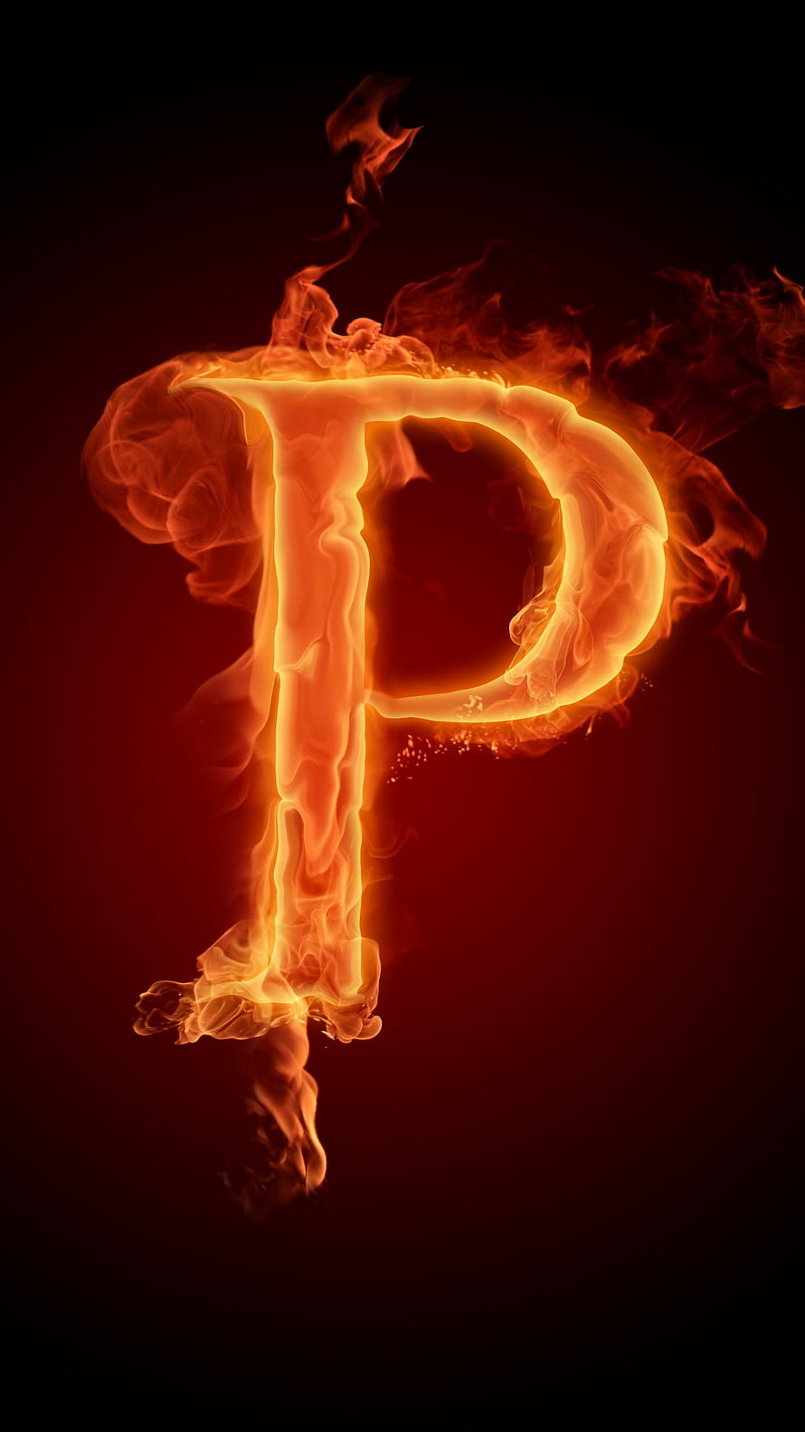 Burning Letter P in Vivid Orange Flames Against a Dark Red Background HD phone wallpaper