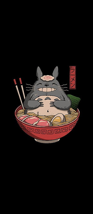 Totoro Sitting in a Ramen Bowl with Chopsticks and Noodles on Black Background HD phone wallpaper