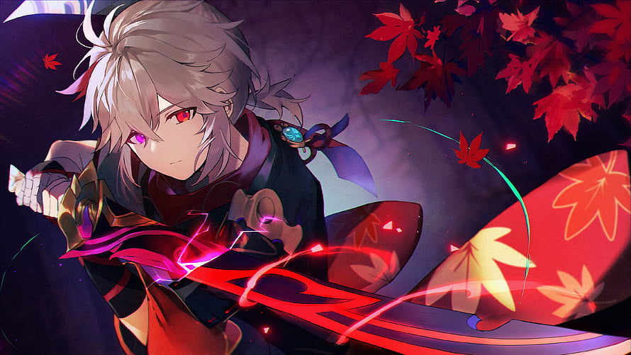 Kaedehara Kazuha from Genshin Impact wielding a glowing blade amidst swirling red maple leaves HD wallpaper