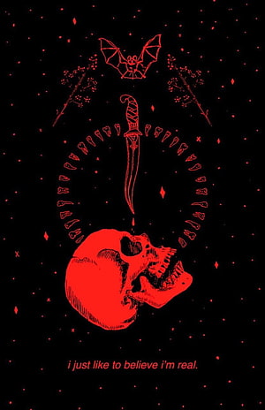Dark Red Skull and Dagger Illustration with Bat and Bone Ring on Black Background HD phone wallpaper