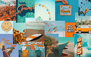 Retro Orange and Teal Aesthetic Collage with Vintage Van, Ferris Wheel, and Palm Springs Signage HD wallpaper