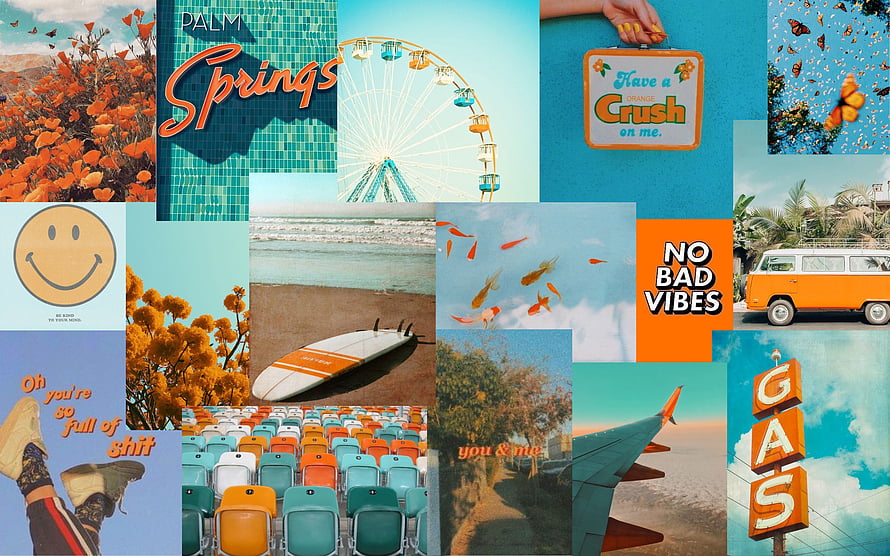 Retro Orange and Teal Aesthetic Collage with Vintage Van, Ferris Wheel, and Palm Springs Signage HD wallpaper