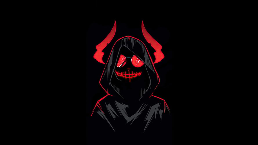 Red and Black Hooded Demon Figure with Glowing Eyes and Horns on Dark Background HD wallpaper