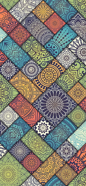 Colorful Mandala Pattern Grid with Intricate Floral and Geometric Motifs HD phone wallpaper
