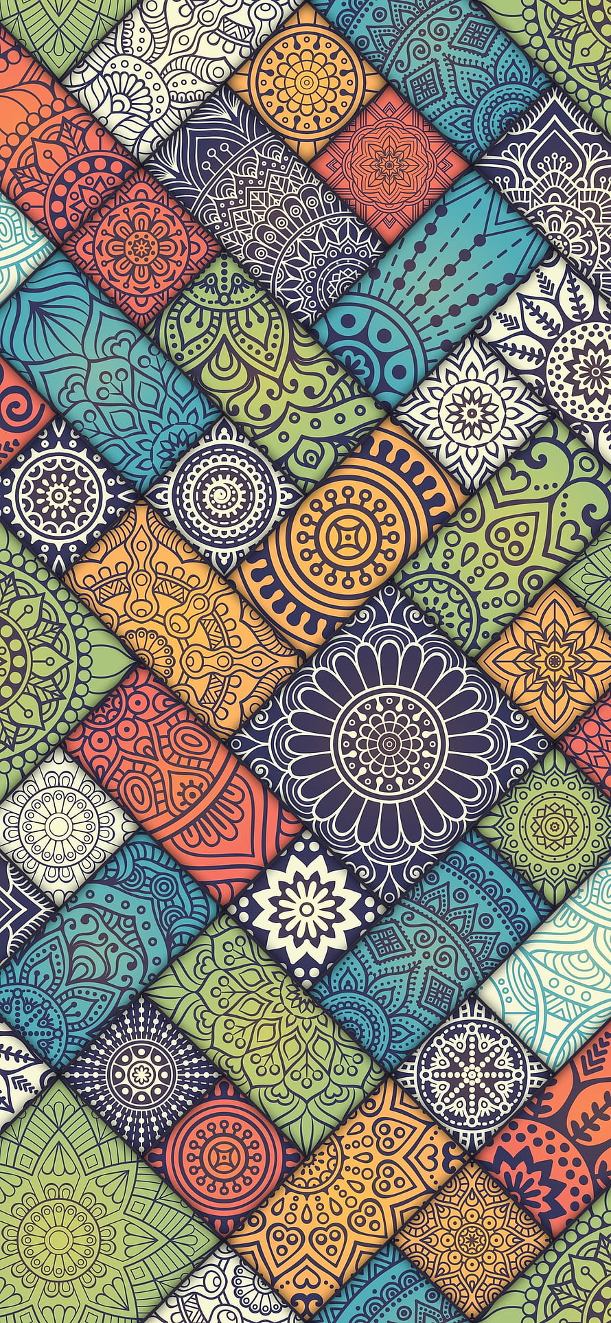 Colorful Mandala Pattern Grid with Intricate Floral and Geometric Motifs HD phone wallpaper