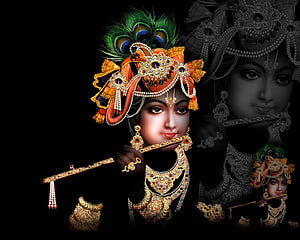 Shri Krishna Playing Flute with Ornate Headdress and Peacock Feather on Black Background HD wallpaper