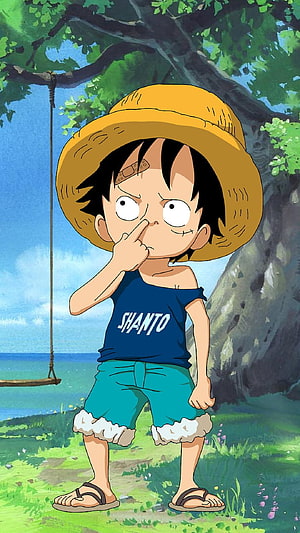 Young Luffy from One Piece in a Straw Hat and Blue Shirt Under a Tree HD phone wallpaper