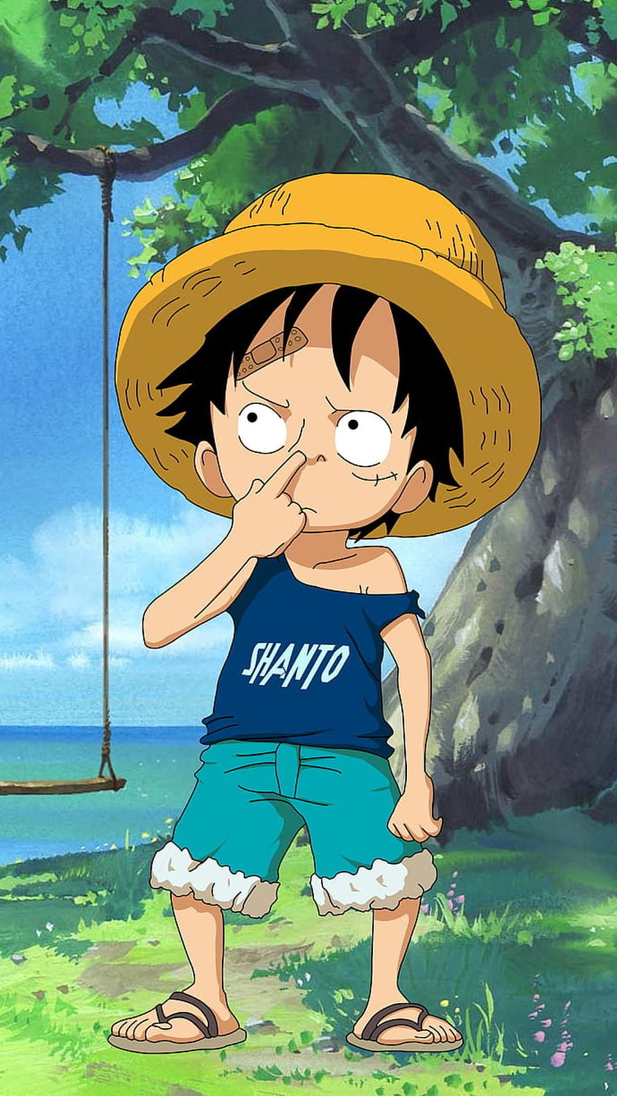 Young Luffy from One Piece in a Straw Hat and Blue Shirt Under a Tree HD phone wallpaper