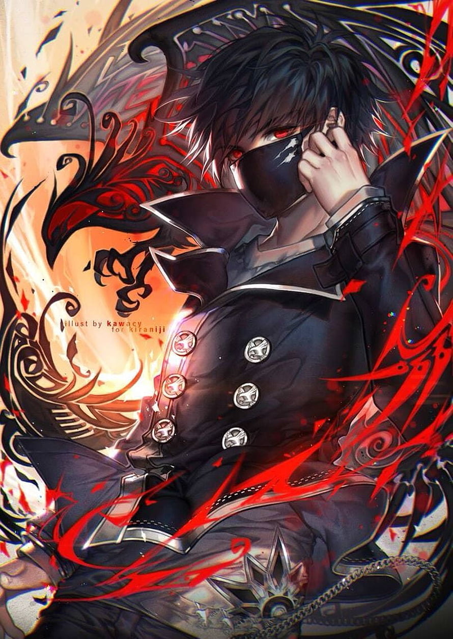 Dark Anime Male Character with Red Eyes and Black Mask in Dramatic Illustration HD phone wallpaper