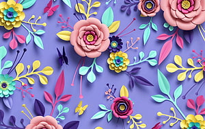 Vibrant 3D Paper Cutout Floral Pattern with Butterflies on Purple Background HD wallpaper