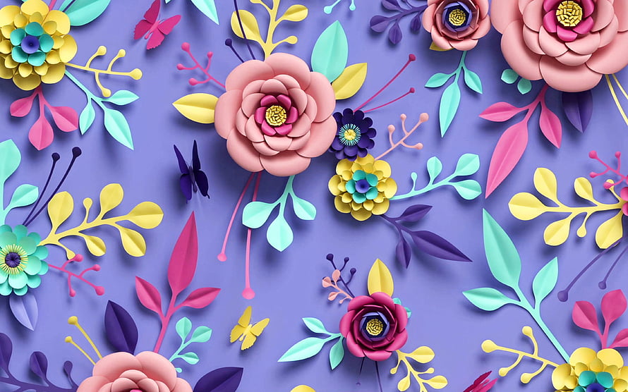 Vibrant 3D Paper Cutout Floral Pattern with Butterflies on Purple Background HD wallpaper