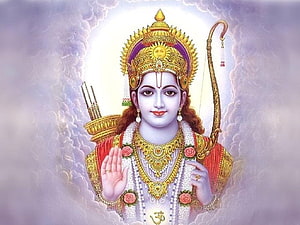 Lord Sri Rama Divine Portrait With Bow And Arrows In Golden Crown HD wallpaper