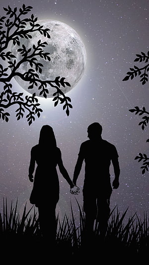 Silhouetted Couple Holding Hands Under a Glowing Full Moon in a Starry Night Sky HD phone wallpaper
