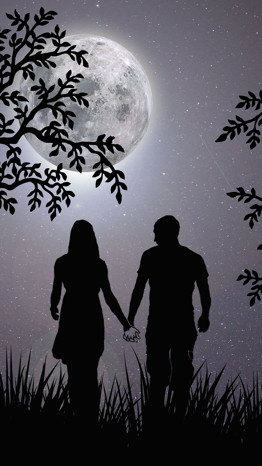 Silhouetted Couple Holding Hands Under a Glowing Full Moon in a Starry Night Sky HD phone wallpaper