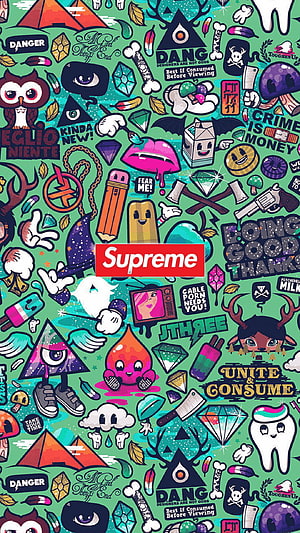 Supreme Sticker Bomb Illustration with Doodle Art and Pop Culture Icons HD phone wallpaper
