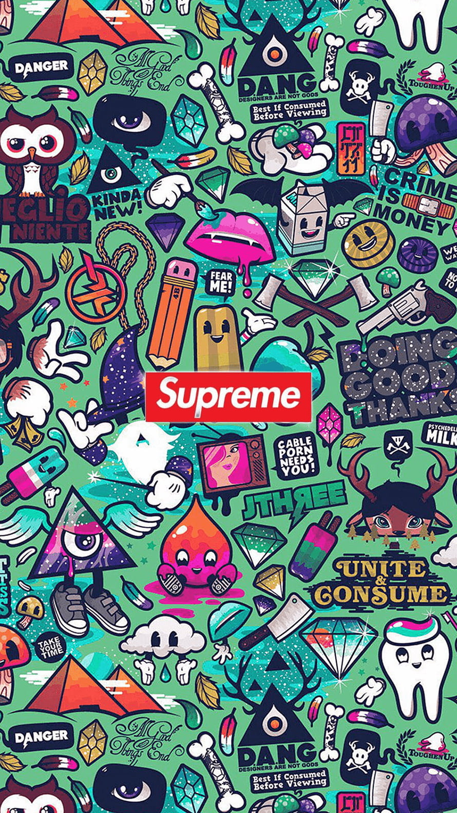 Supreme Sticker Bomb Illustration with Doodle Art and Pop Culture Icons HD phone wallpaper