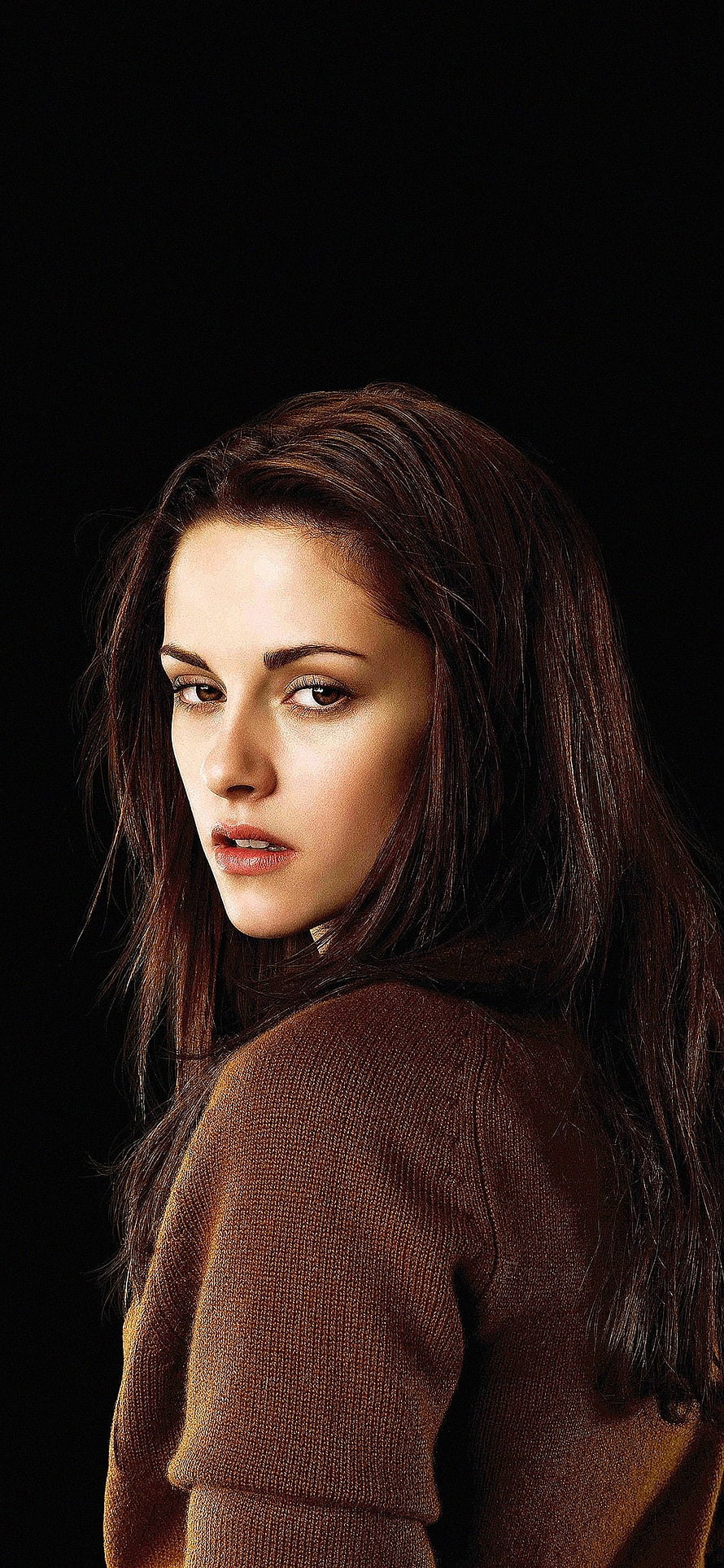 Kristen Stewart Portrait in Brown Knit Sweater Against Black Background HD phone wallpaper