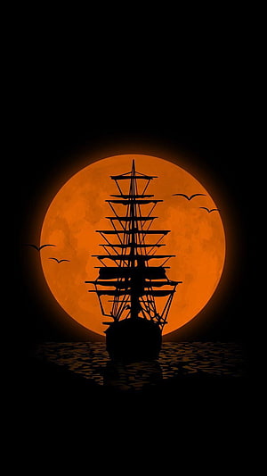 Silhouette of a tall sailing ship against a large orange moon on dark water HD phone wallpaper