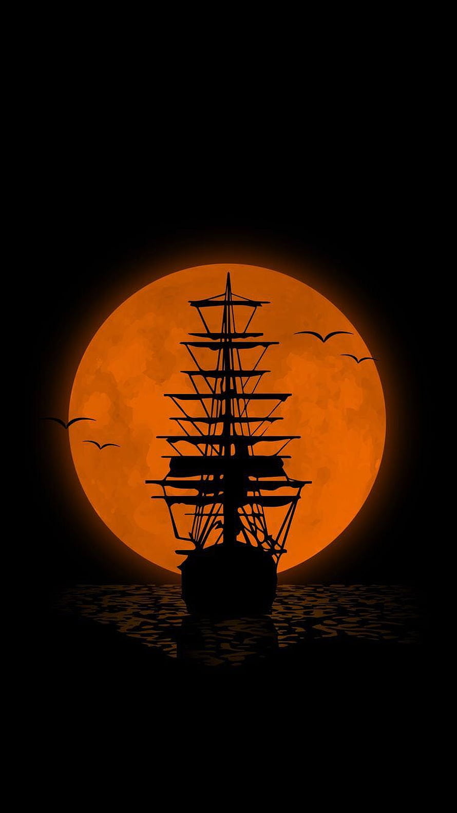 Silhouette of a tall sailing ship against a large orange moon on dark water HD phone wallpaper
