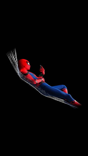 Spider-Man Relaxing on a Web While Using a Smartphone Against a Black Background, Spider Man Amoled, Spiderman Amoled HD phone wallpaper
