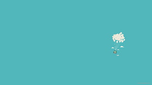 Minimalist Teal Sky with Tiny House Floating on White Balloons HD wallpaper