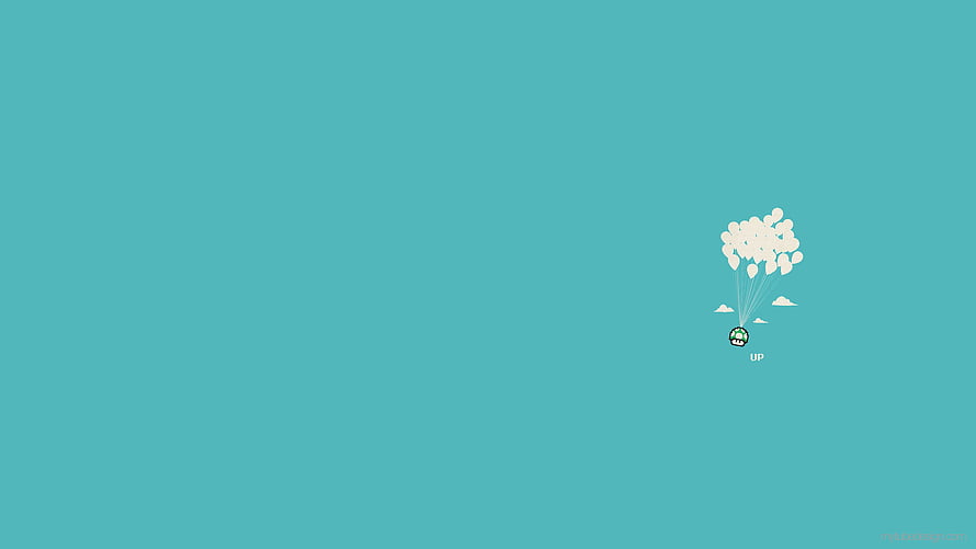 Minimalist Teal Sky with Tiny House Floating on White Balloons HD wallpaper