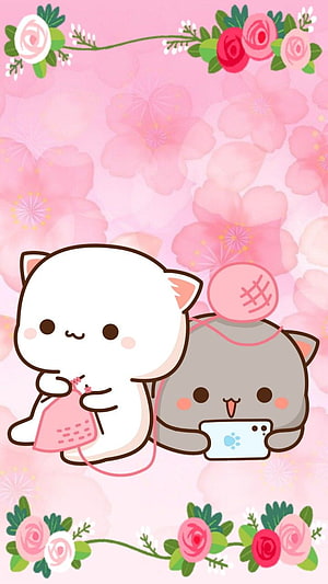 Cute Chibi Cats Knitting and Using a Smartphone on a Pink Floral Background HD phone wallpaper