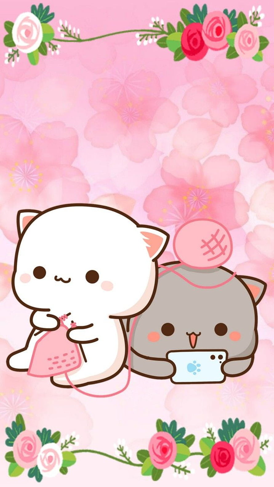 Cute Chibi Cats Knitting and Using a Smartphone on a Pink Floral Background HD phone wallpaper