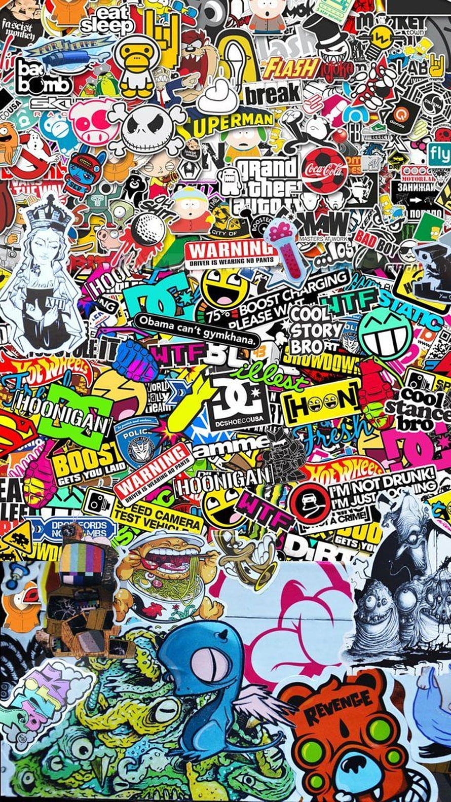 Vibrant Sticker Bomb Collage with Pop Culture Icons and Doodle Art HD phone wallpaper
