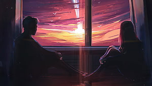 Silhouetted Couple Watching Vibrant Sunset Through Window in Digital Art HD wallpaper