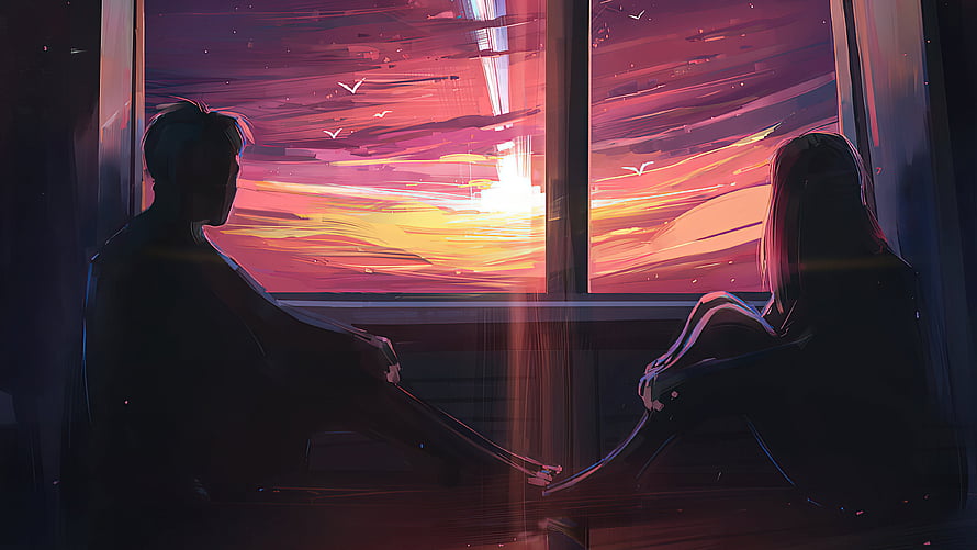 Silhouetted Couple Watching Vibrant Sunset Through Window in Digital Art HD wallpaper